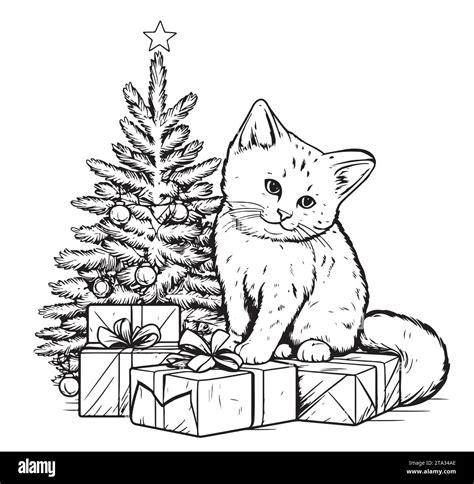 Cute Christmas Cat With Christmas Tree And Ts Hand Drawn Sketch Vector Illustrator Stock