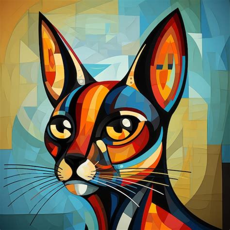 Retrato colorido de gato geométrico inspirado en el cubismo de