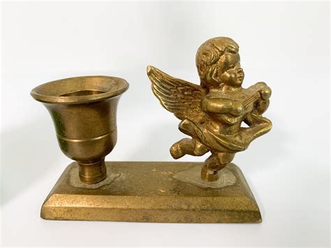 2 Vintage Solid Brass Angel Candlestick Holders Pair Small Low Cherub