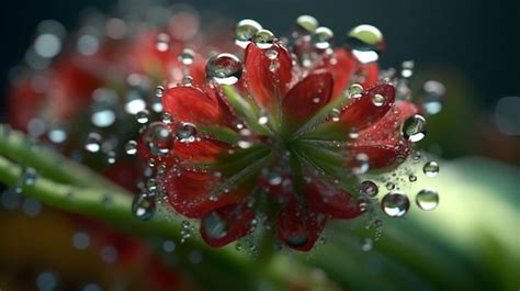 Premium Ai Image Red Flower With Water Drops On The Petals