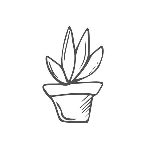 Flower Pot With Decorative Grass Plant Hand Drawn Simple Black