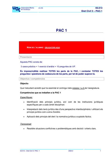 03513 Solucio PAC 1 Semestre 2020 2 Dret Civil 3 PAC PAC 1 NOM DE