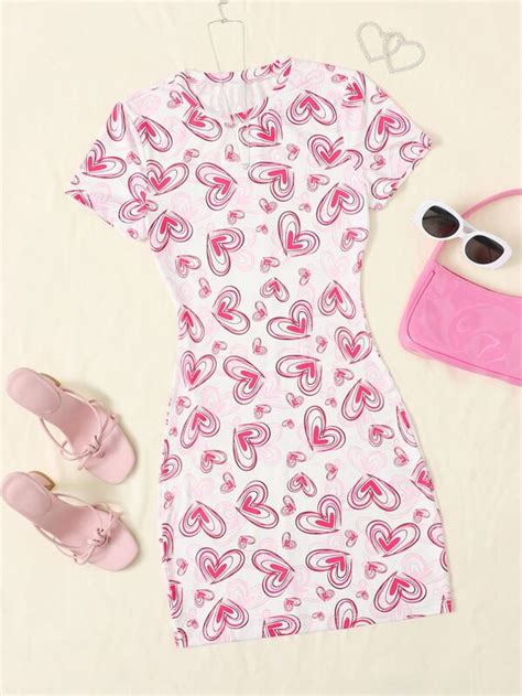 Shein Qutie Allover Heart Print Bodycon Dress Shein Usa