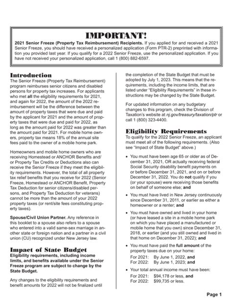 Download Instructions For Form Ptr 1 Senior Freeze Property Tax