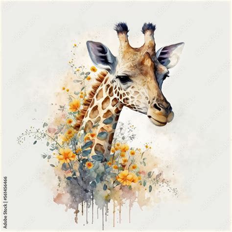 Watercolor Giraffe With Flowers Around Generative Ai Stock