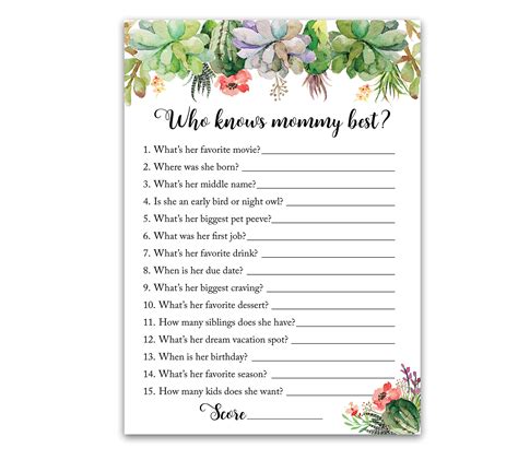 Buy Succulents Baby Shower Games Who Knows Mommy Best Pack Of 25