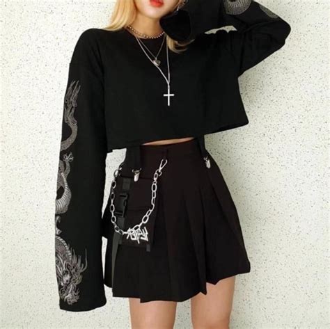 Gothic Grunge Dragon Embroidery Crop Top Rock N Doll Edgy Outfits