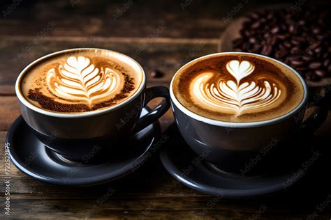 Cups With Aromatic Latte And Cappuccino Coffee Made From Beans Of