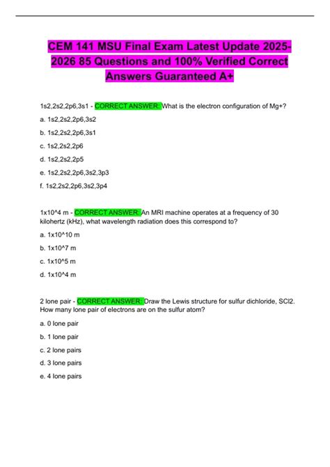 CEM 141 MSU Final Exam Latest Update Questions and 100% Verified