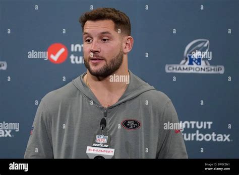 San Francisco 49ers Defensive End Nick Bosa Speaks At A News Conference Before An Nfl Football