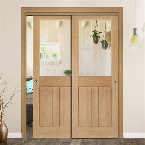 Pass Easi Two Sliding Doors And Frame Kit Ely 1l Top Pane Oak Door