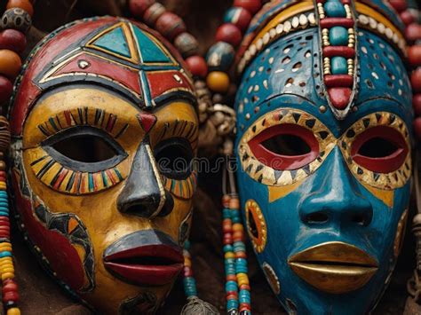 A Group Of African Masks With Colorful Designs And Beads Stock Illustration Illustration Of