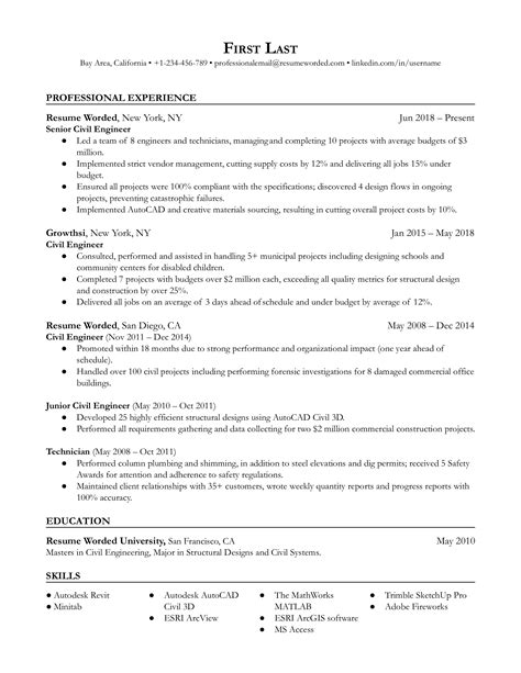 Civil Engineer Resume Example For Rezi Ai Off