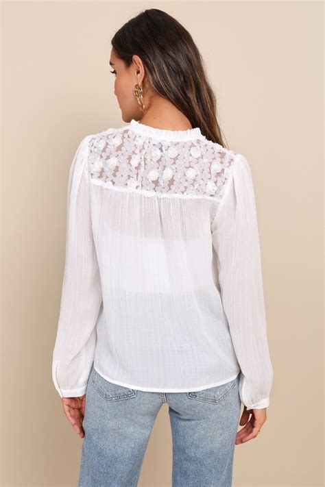 White Chiffon Top Rosette Blouse Ruffled Long Sleeve Top Lulus