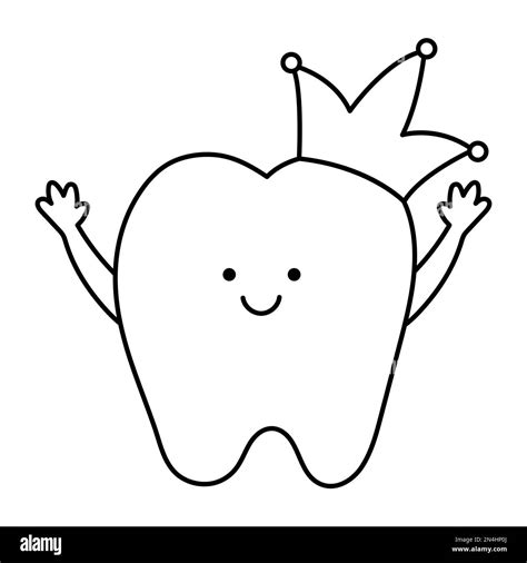 Black and white kawaii tooth with crown and hands up. Vector teeth line icon. Funny dental care ...