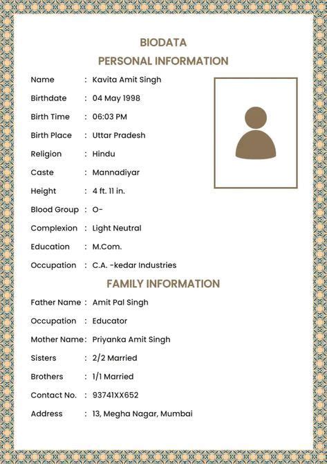 Marriage Biodata With Square Border And Photo Download Image And Pdf Of Marriage Biodata Bio