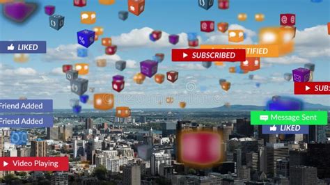 Animation Of Falling Social Media Icons And Emojis Over Cityscape Stock