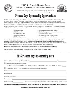 Fillable Online Stfrancischamber 2015 Pioneer Days Sponsorship Form