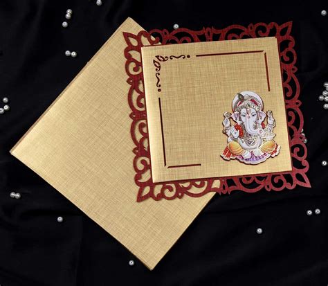 Ganesha Laser Cut Hindu Wedding Card In Golden Red Lotus Card Studio