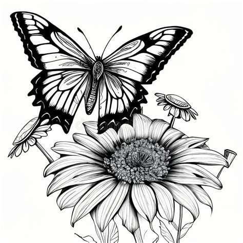 Butterfly Perched On Flower Generative Ai Stock Illustration Illustration Of Monochrome