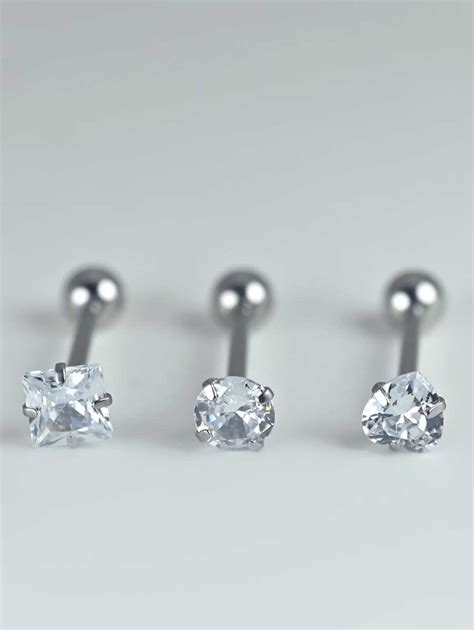 Stainless Steel Tongue Piercing Stud With White Cubic Zirconia In Round