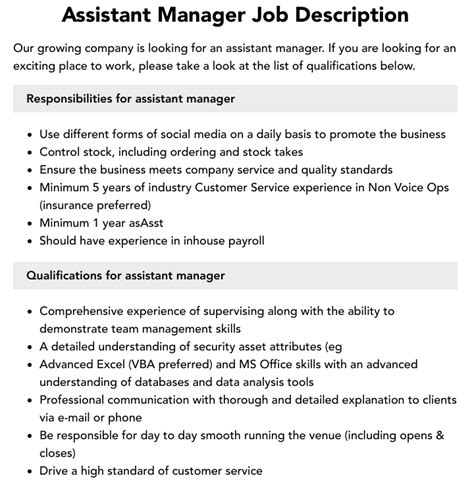 Assistant Manager Job Description | Velvet Jobs