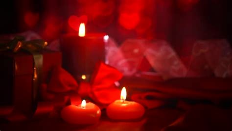 Valentine's Day. Beautiful Valentine Scene With Red Hearts Candles ...