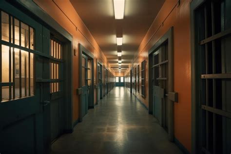 Premium Ai Image A Hallway With Orange Walls And Doors That Sayprison