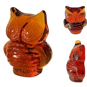 Vintage Glass Owl Bookend Amber Glass Owl Figurine Viking Amber