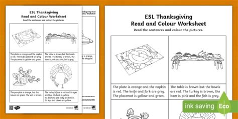 Esl Thanksgiving Read And Colour Worksheet Teacher Made Worksheets