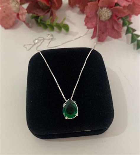 Colar Gota Verde Esmeralda Pedra Zirconia Prata Elo