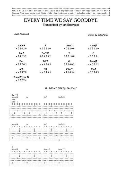 Every Time We Say Goodbye (Cole Porter) guitar tab - Ian Entwistle