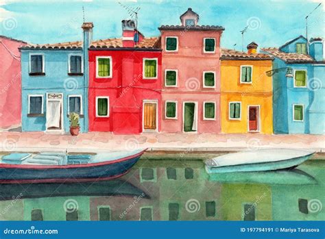 Watercolor Illustration Of Burano Quarter In Venice Stock Illustration