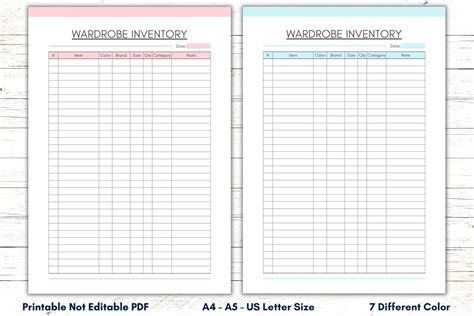 Printable Wardrobe Inventory Template Wardrobe Organizer Sheet Wardrobe List Chart Household