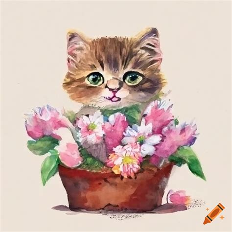 Watercolor Of A Cute Kitten Surrounded By Flowers On Craiyon