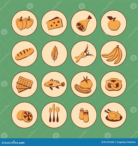 Vector Set Flat Web Icons With Food Drawn Cartoon Vintage Foodstuffs