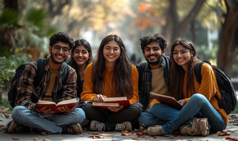 Sri Lankan Group Of Happy Students Sitting In College Campus Premium