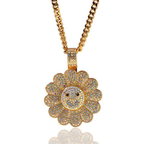 Sunflower Gold Flower Pendant For Men Iced Out Hip Hop Jewelry With