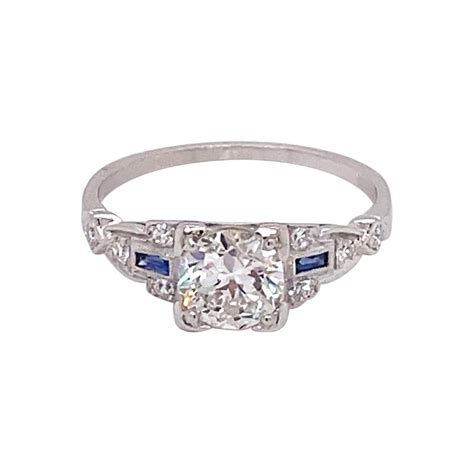 Vintage Art Deco European Cut Diamond Engagement Ring With Sapphires