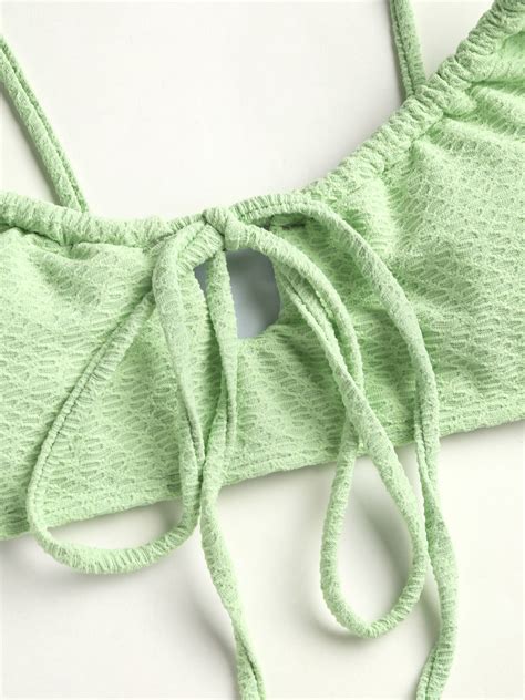 Knit Fabric O Ring Front Tied Bikini Swimsuit For Vacation Swimming Pool Beach