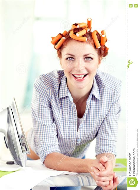 Happy Housewife Stock Image Image Of Curlers Adult 77351207