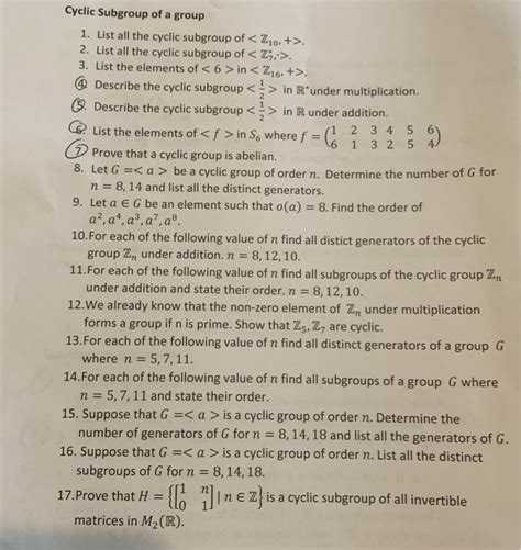 Solved Cyclic Subgroup Of A Group 1 List All The Cyclic Chegg