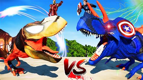 Captain America Ultimasaurus Vs Ironman Tyrannosaurus Rex Dinosaurs Fight 🌍jurassic World