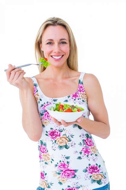 Premium Photo Pretty Blonde Eating Bowl Of Salad
