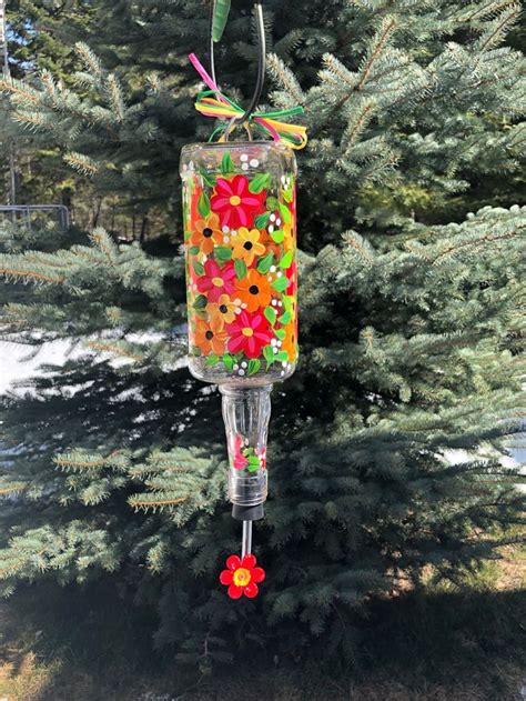 Hand Painted Hummingbird Feeder Cheerful Flowers With Flower Feeder Spout Etsy Canada