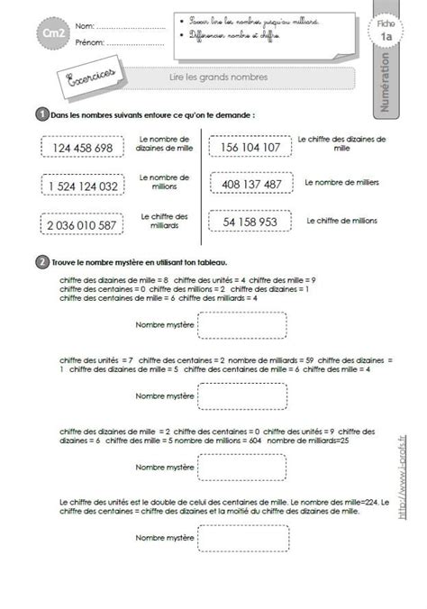 CM2 EXERCICES Lire Les Grands Nombres Jusqu Au Milliard Maths Cm2