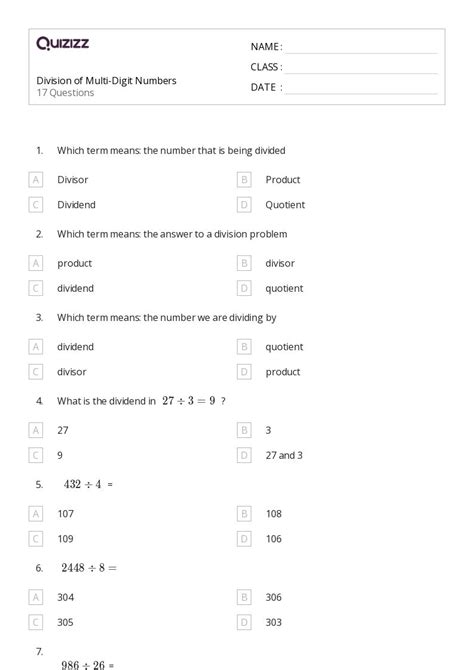 50 Division With Multi Digit Numbers Worksheets For 6th Grade On