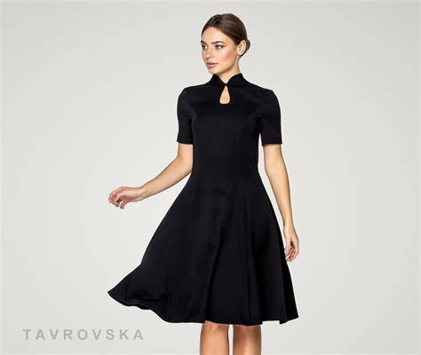 Black Mandarin Collar Dress Modern Qipao Fit And Flare A Line