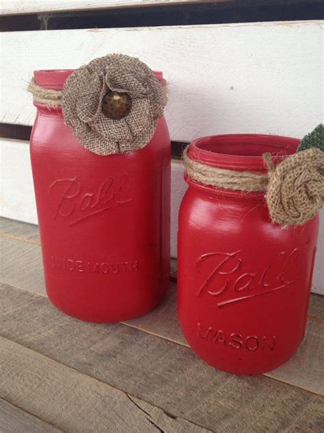 Red Painted Mason Jars Rustic Decor Mason Jar By Scrapartbynina Mason