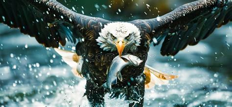 Extreme Close Up of a Powerful Bald Eagle Catching a Salmon Fish Mid